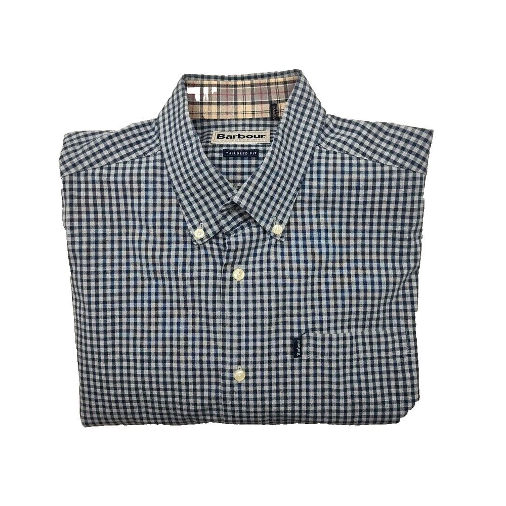 Barbour Shirt Mens Large Blue Gingham Plaid Tailored Fit Country Button Down